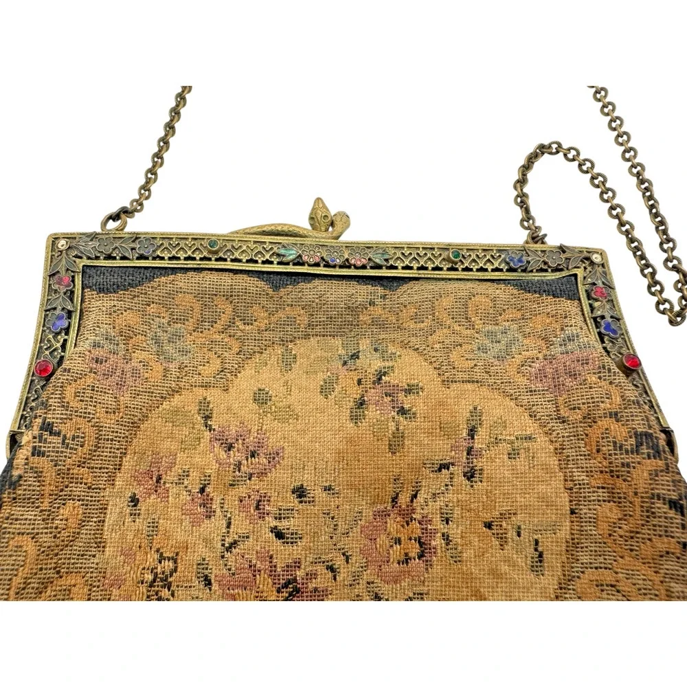 Antique 1920s Jeweled Enamel Frame Tapestry Evening Purse with Snake Clasp